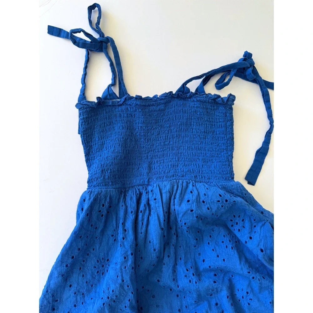 100% Cotton Eyelet Lace Boho Mini Dress Smocked Tie Strap Size S Coastal Chic